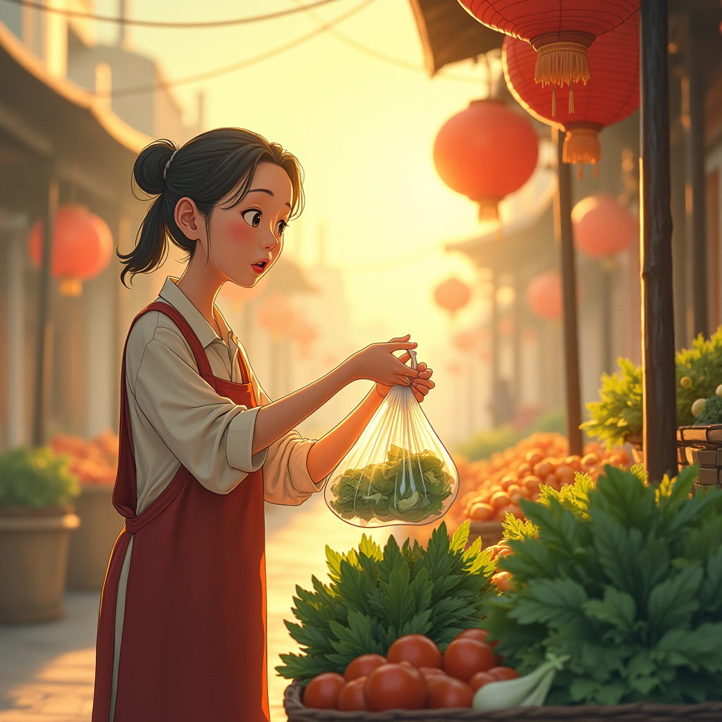 民雄菜市場清晨，阿姨遞背心袋給客人